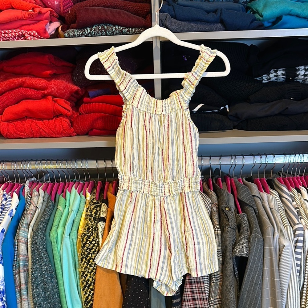 Derek Heart ivory/maroon/blue striped elastic waistband sleeveless romper size S